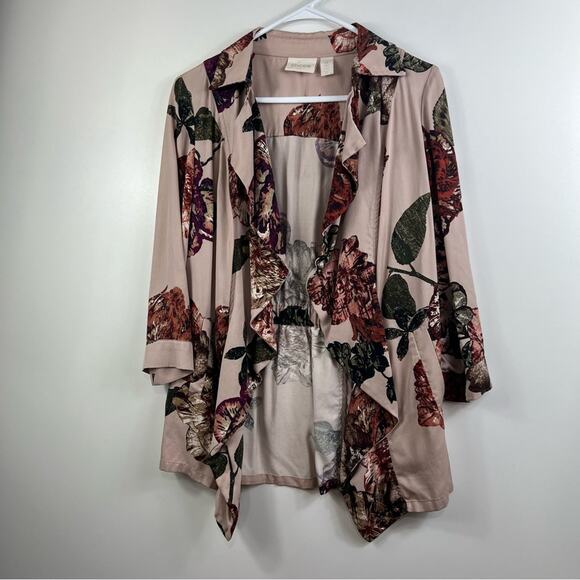 Romantic Pink Floral Ruffle Chico's Open Front Cinched Back Jacket Small Spring - Picture 12 of 12